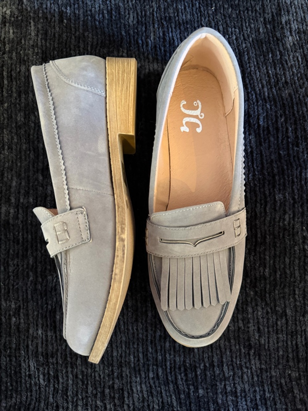 Women's Gray Suede Fringe Loafers with Low Heel